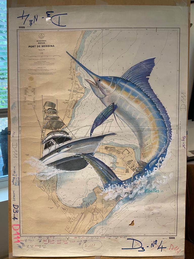 Detail of marlin painting process on nautical chart