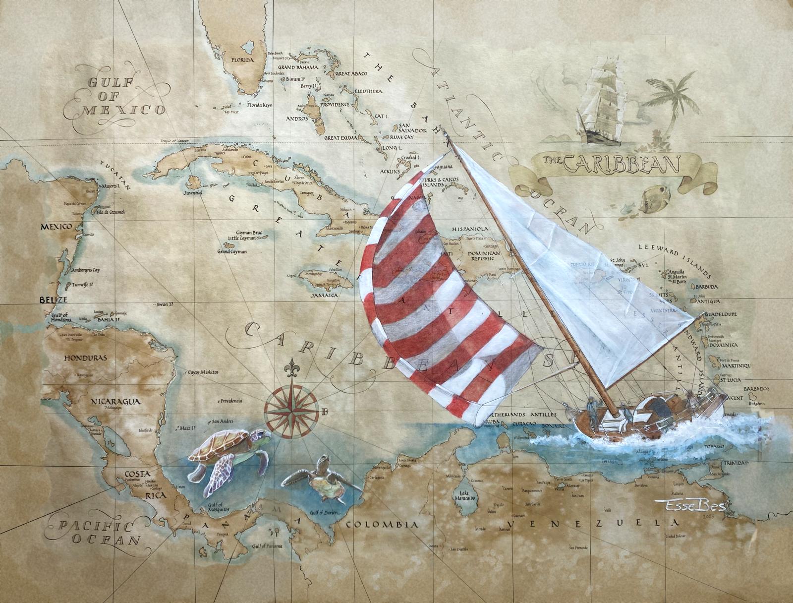 Sailing Sloop with Sea Turtles on Caribbean Nautical Chart